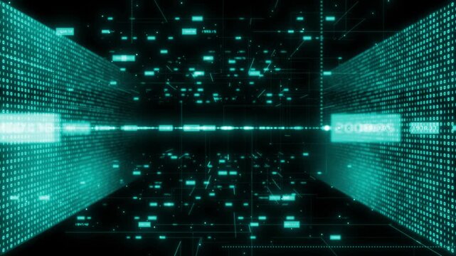 Cyan color stock market price indicators binary code sci fi tunnel futuristic design black seamless stock market background