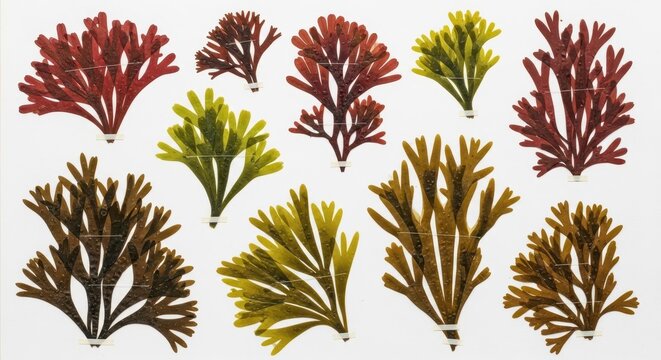 Assortment of pressed and preserved marine algae specimens displayed against a white background