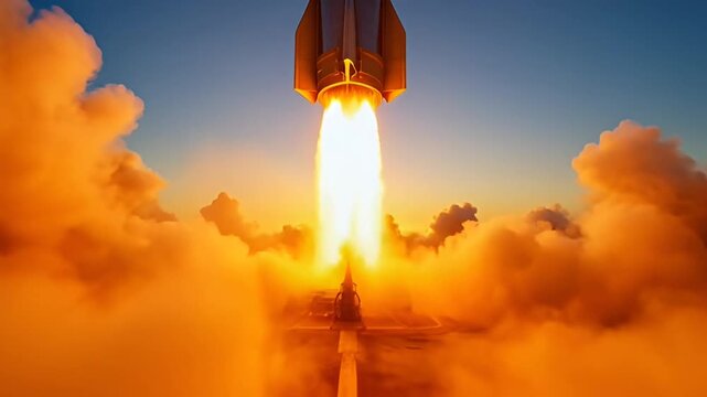 Cinematic footage of a rocket launching from Iran into a blue sky with clouds