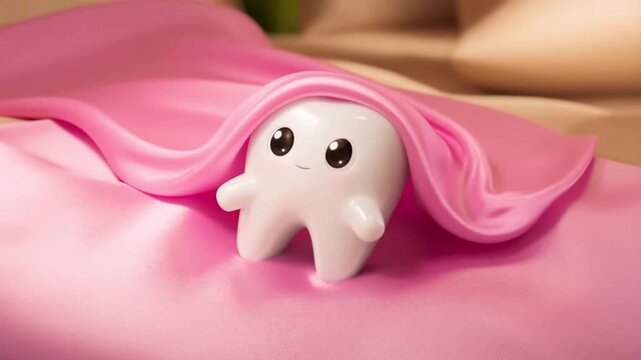 A tooth character wrapped in luxurious pink silk like a jewel. Opulent 3D animation for premium dental clinic branding and cosmetic services.