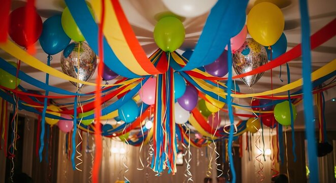 Festive party room ceiling decorated with colorful streamers and helium balloons