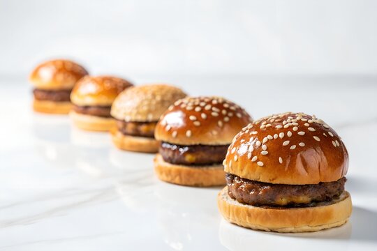 Row of delicious miniature gourmet cheeseburgers featuring sesame seed brioche buns and juicy beef patties arranged neatly on a bright white marble surface for a sophisticated presentation.