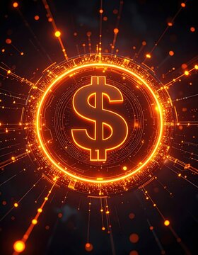 A glowing digital dollar symbol surrounded by radiant circuits and light particles symbolizing finance and technology.