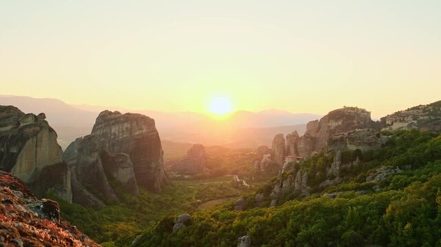 Majestic Sunset over Meteora Monastery Complex Greece