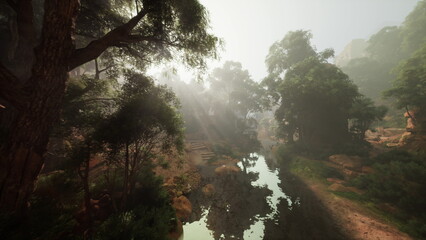 Fototapeta premium Sunlit rainforest stream near sandstone ruins, bright morning rays piercing mist, towering canopy casting dramatic shadows over winding creek, explorer