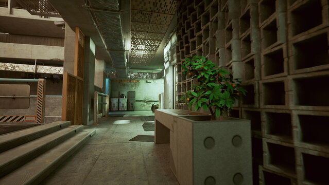 abandoned concrete corridor with planter, dim green lighting, stacked cinderblock shelving, scattered crates, exposed pipes, gritty textures, echoing footsteps,