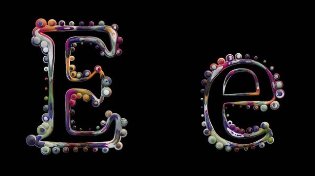 Modern alphabetic letter with spheres &ndash; E e - transparent background , loopable, colorful