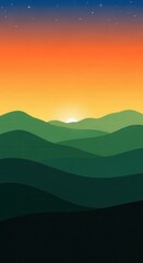 Obraz premium Layers of undulating terrain meet a brightly colored gradient sky at sunrise or sunset.