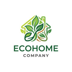A vibrant logo design featuring a house shape intertwined with green leaves, emphasizing sustainability, eco-friendliness, and a commitment to nature in home design.