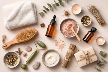 Wellness and beauty products laying flat, showcasing a natural self care ritual with bath salts, essential oils, jade roller, and organic body brush for relaxation