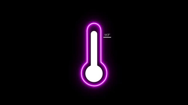 A vibrant neon purple outline of a thermometer with a white interior a temperature reading of 117 degrees Fahrenheit against a deep black background
