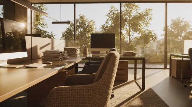 Sunlit modern office workspace with glass partition and ergonomic desk setup