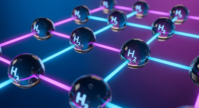 Abstract visualization of hydrogen molecules H2 arranged in a grid structure with glowing neon blue and pink lines representing connections and energy flow