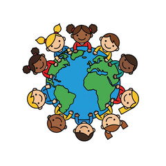 Diverse children holding hands around the globe in unity and friendship