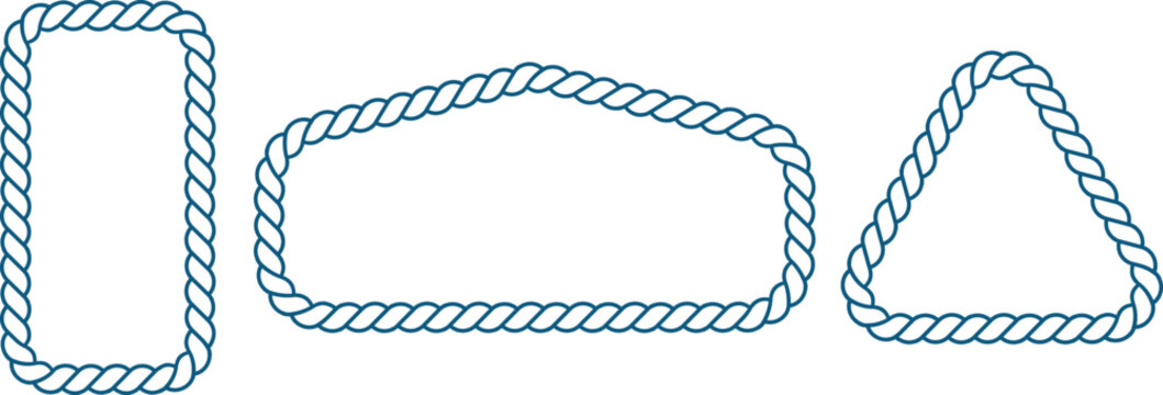 Rope frame border set isolated on white bg. Hexazon, square, oval and heart shape in sea sailor theme, nautical rope collection, flat vector illustration. Travel and marine loop and cord frames