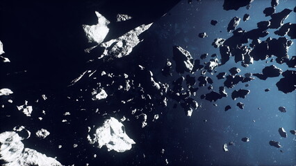 Cinematic asteroid swarm drifting through space with starlight glinting on rocky surfaces, wideangle composition emphasizes vastness and looming tension © icetray