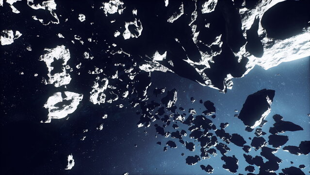 Ship skillfully moves amid scattered wreckage, Salvage vessel expertly traverses hazardous debris area with active thrusters while avoiding crashes