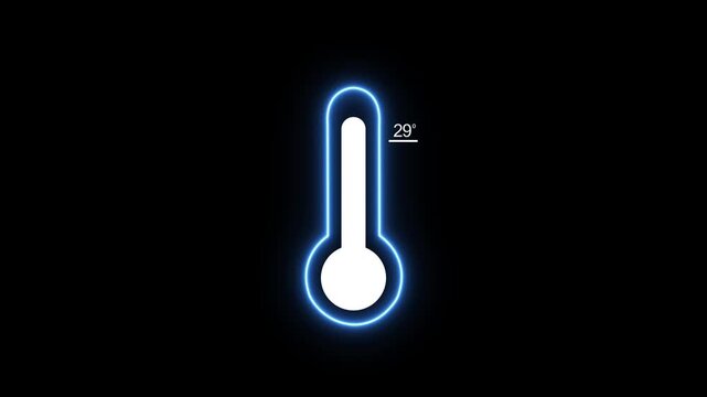 A bright blue neon outline of a thermometer a temperature reading of 29 degrees Celsius on a dark black background with a distinct glowing effect
