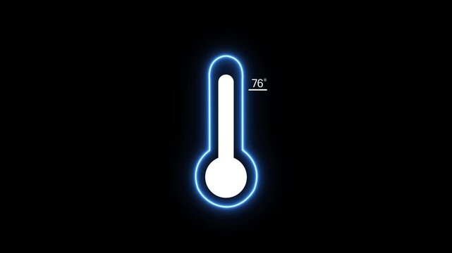 A minimalist neon blue outline of a thermometer a temperature of seventy six degrees Fahrenheit against a solid black background with a subtle glow effect