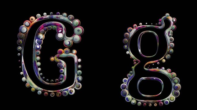 Modern alphabetic letter with spheres &ndash; G g - transparent background , loopable, colorful