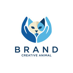 A creative logo illustration featuring a cat's face enveloped in human hands, representing care, love, and protection for pets while emphasizing a modern artistic style.