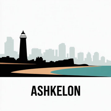 Ashkelon Israel Skyline Silhouette &mdash; Mediterranean Coastal City and Ancient Fortress Vector Illustration