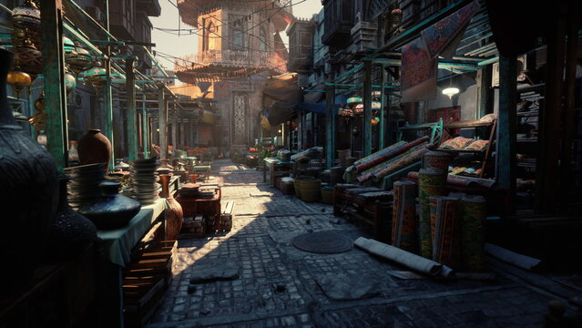 sunlit narrow market street at dawn, cobblestone path lined with wooden stalls, stacked crates, pottery and spice sacks, warm golden light casting long shadows,