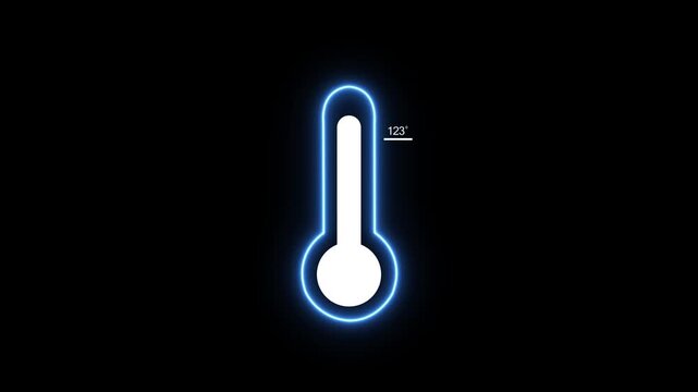 A bright neon blue thermometer outline indicates 123 degrees Fahrenheit on a dark black canvas, emitting a subtle radiant glow around its form