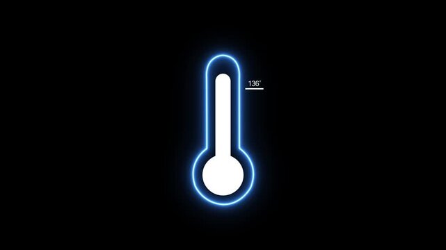 A minimalist glowing blue neon outline of a thermometer with a white bulb and stem a temperature reading of 136 degrees against a solid black background