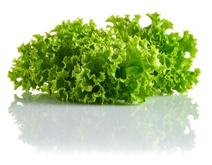 Obraz premium Vibrant green frilly lettuce leaves are neatly stacked, reflecting on a glossy white surface