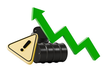 3d oil barrels icon. market volatility concept. minimal cartoon petroleum drums pallet hazard sign arrow for market infographic. isolated on white transparent background. 3d render.