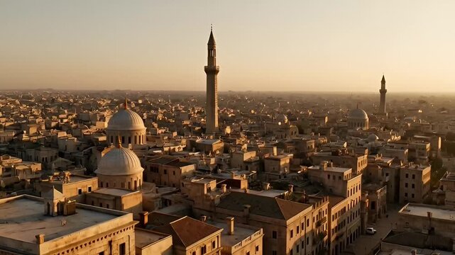 Aerial view of Israel's historic cityscape at golden hour with domes and minarets