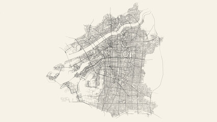 Naklejka premium City street and transportation map of Osaka, Japan, in black and light beige. High resolution full frame minimalist poster style road map or urban street plan of Osaka. Vintage look.