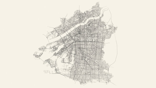 City street and transportation map of Osaka, Japan, in black and light beige. High resolution full frame minimalist poster style road map or urban street plan of Osaka. Vintage look.