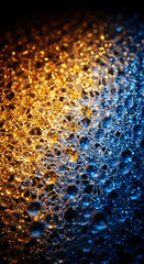 Abstract macro photography of glowing blue and gold interconnected spheres forming a complex network structure with bokeh effect