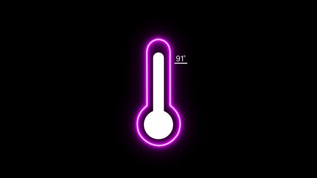 A glowing neon purple outline of a thermometer with a white bulb and stem a temperature reading of 91 degrees Fahrenheit against a stark black background