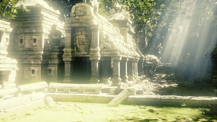 Naklejka premium Dramatic jungle temple ruins bathed in sharp sunlight beams and vinewrapped pillars, expedition leader uncovers relic, conservationist documents erosion,