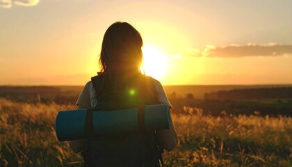 Woman with backpack stares toward a horizon, bathed in the warm glow of the sunset on a grassy plain