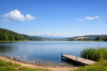 Serene lake water reflecting a clear blue sky, with a simple wooden pier inviting quiet moments amidst green hills and distant mountain views offering peaceful natural scenery