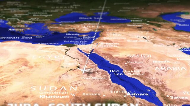 Flight From Moscow RUSSIA to Juba SOUTH SUDAN with flag pins