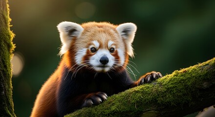 Fototapeta premium Red panda perched on a mossy tree branch in forest habitat