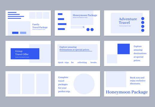 Minimal Travel Package Web Landing Page Wireframe Set