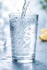 Fresh sparkling water streams into a glass, creating numerous lively bubbles, providing a clear visual of hydration and refreshment with a cooling, crisp sensation