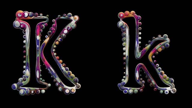 Modern alphabetic letter with spheres &ndash; K k - transparent background , loopable, colorful