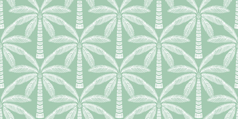 Green fabric with white palm tree patterns, featuring coconut tree design, palm leaf motifs. White palm leaf pattern on sage green background, seamless design. The pattern that gives an airy feel. © Choltita