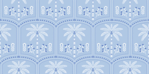 Tropical palm pattern. Exotic palm tree pattern blooms soft blue motif, coconut design. decorative summer pattern Hawaiian shirts. Monochromatic Moroccan frame motifs, floral hibiscus design. © Choltita