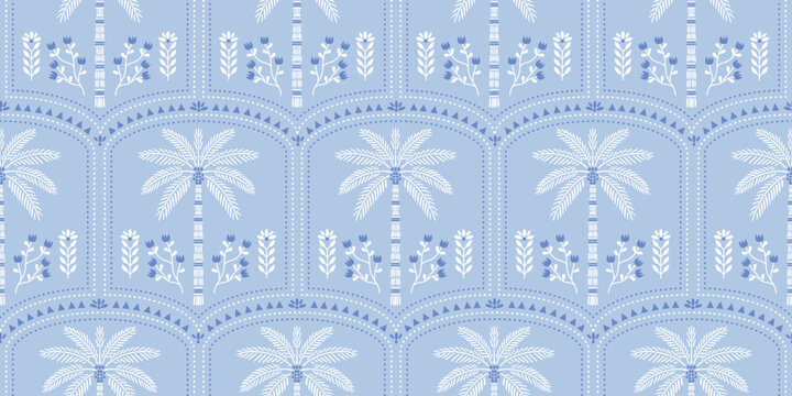 Tropical palm pattern. Exotic palm tree pattern blooms soft blue motif, coconut design. decorative summer pattern Hawaiian shirts. Monochromatic Moroccan frame motifs, floral hibiscus design.