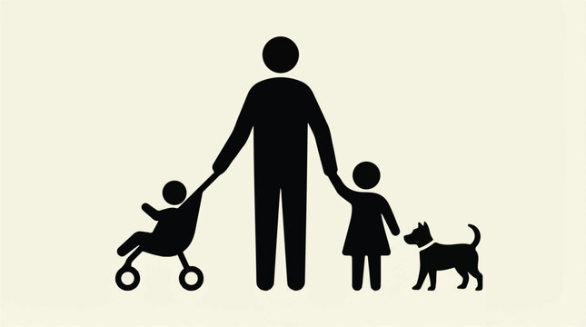 Minimalist icon of a family with two children, a baby in stroller and a dog