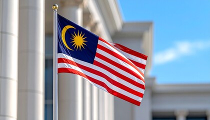 Obraz premium Malaysian flag waving in front of a government building with columns