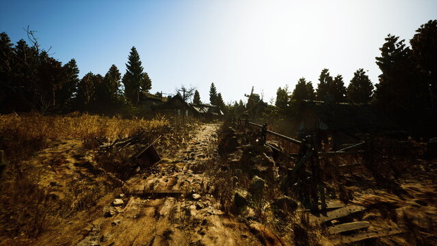 Bright autumn landscape with remnants, Vivid fall landscape showcasing sunlit field strewn with dried stalks and rutted path leading to trees and barn